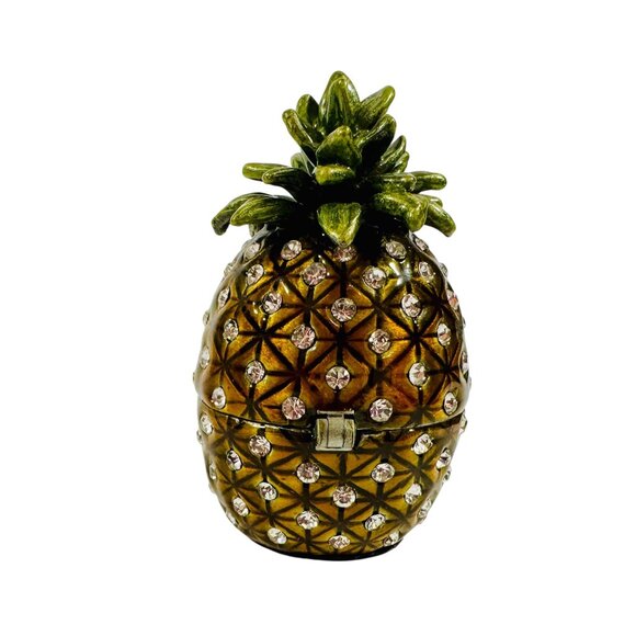 Jeweled Pineapple Hinged Trinket Ring Box With Sparkling Rhinestones & Magnetic - Picture 2 of 13